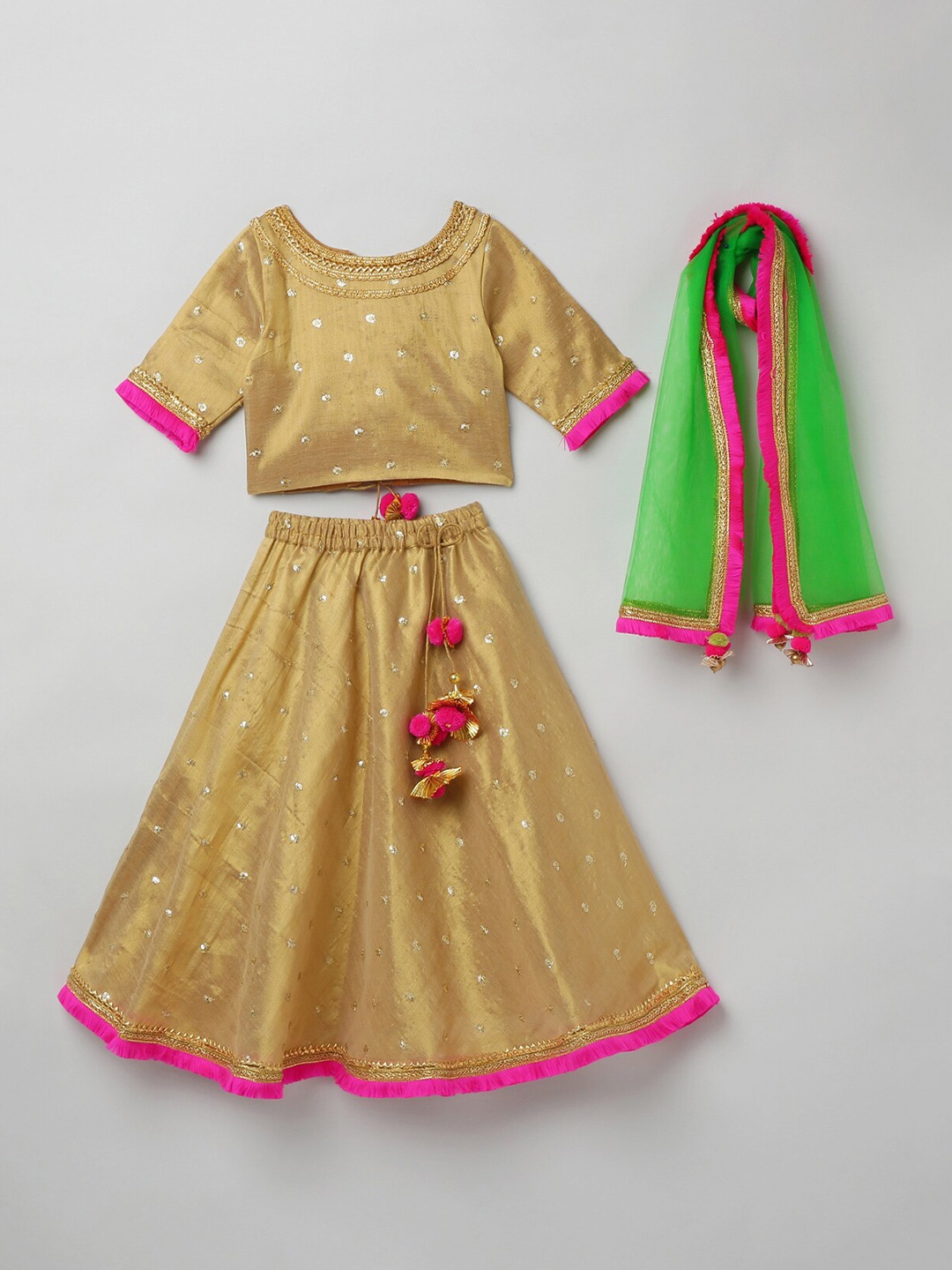 

BYB PREMIUM Girls Gold-Toned & Green Embellished Sequinned Ready to Wear Lehenga Set