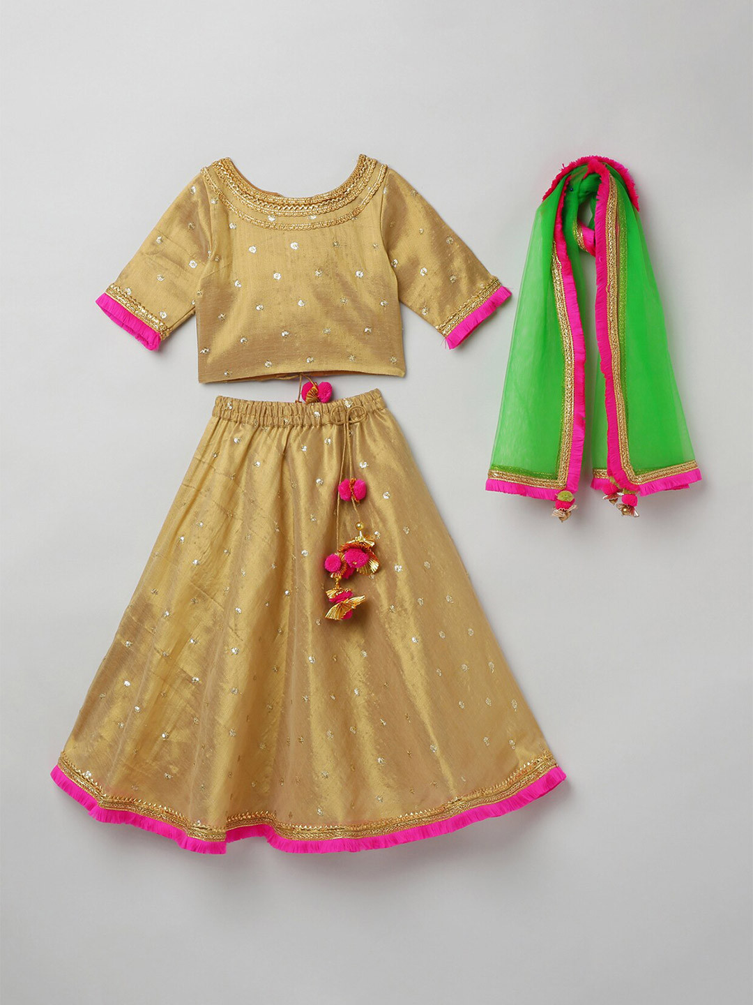 

BYB PREMIUM Girls Gold-Toned & Pink Embellished Sequinned Ready to Wear Lehenga Set