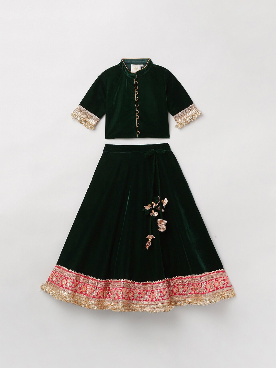 

BYB PREMIUM Girls Green & Red Ready to Wear Lehenga & Blouse With Dupatta