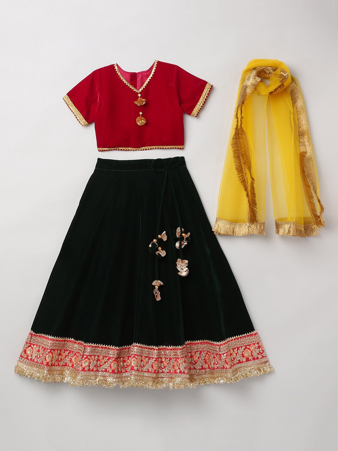 

BYB PREMIUM Girls Green & Red Ready to Wear Lehenga & Blouse With Dupatta