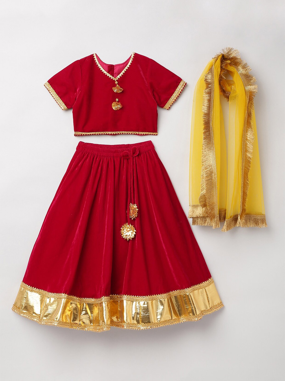 

BYB PREMIUM Girls Red & Yellow Ready to Wear Lehenga & Blouse With Dupatta