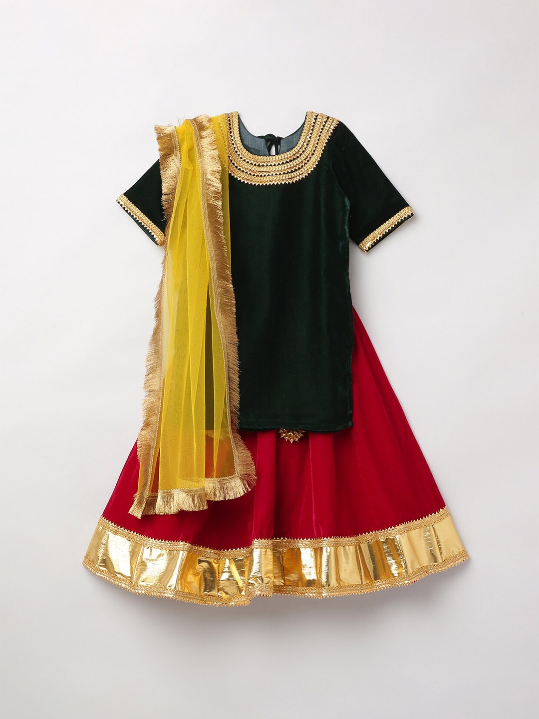 

BYB PREMIUM Girls Red & Green Ready to Wear Lehenga & Blouse With Dupatta