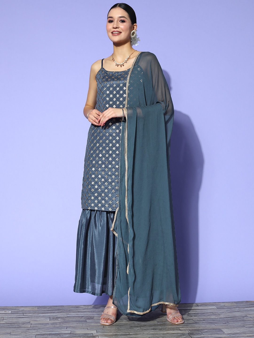 

Sunehri Women Floral Embroidered Sequinned Kurta with Sharara & With Dupatta, Grey