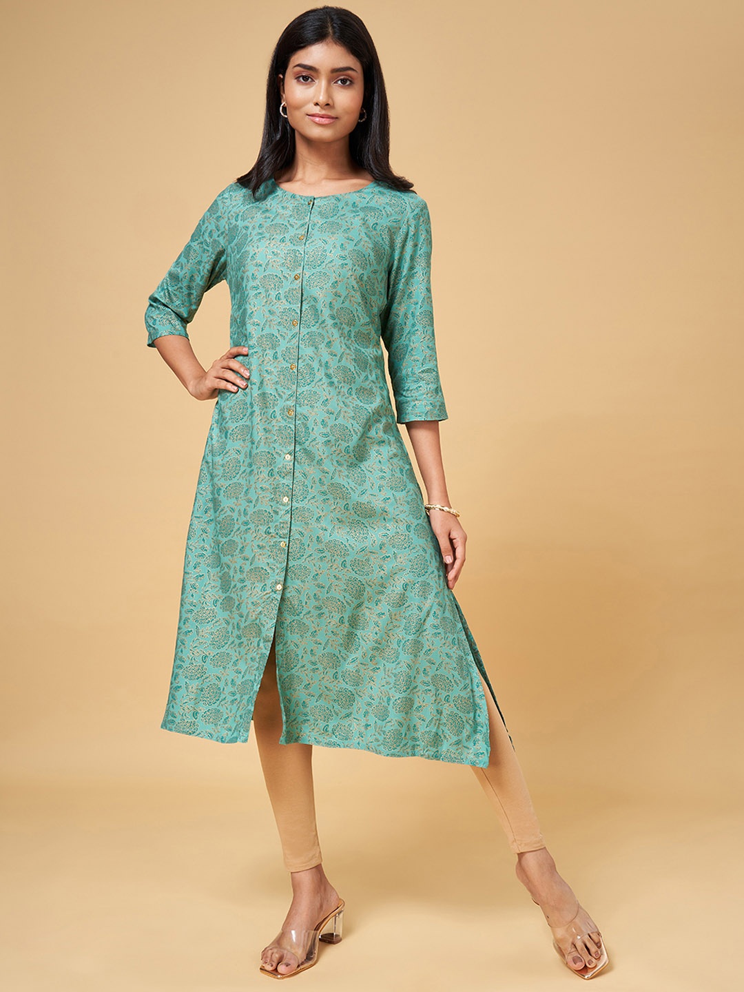 

YU by Pantaloons Women Green Ethnic Motifs Cotton Kurta