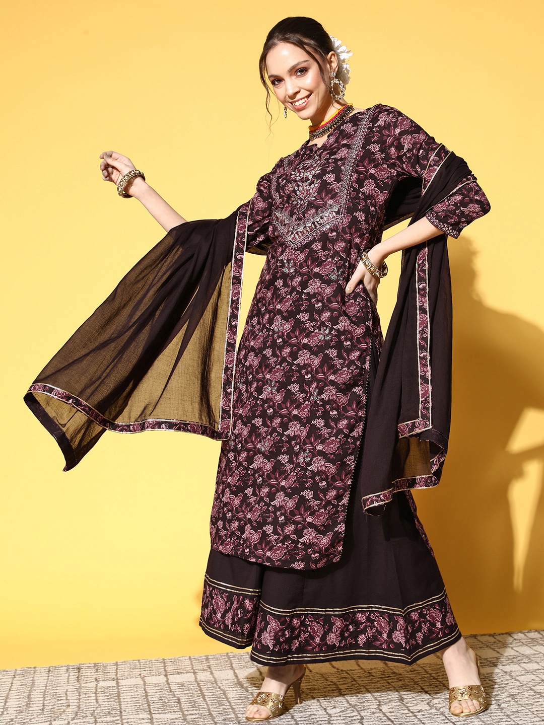 

Ishin Women Burgundy Floral Embroidered Pure Cotton Kurta With Sharara & With Dupatta