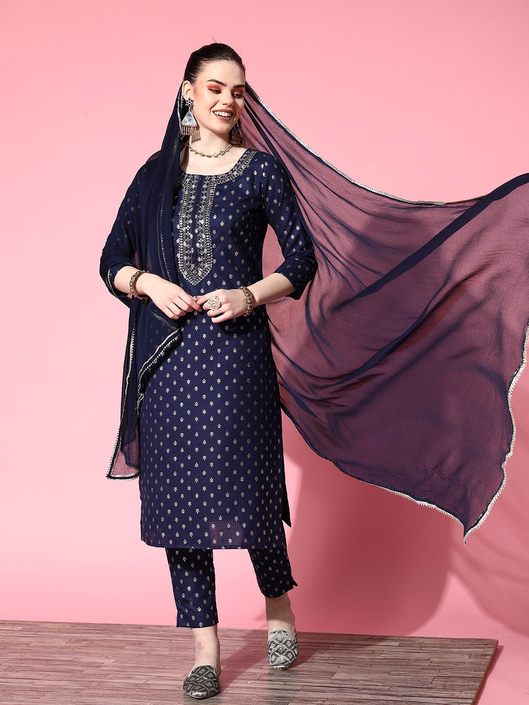 

Ishin Women Navy Blue Yoke Design Kurta with Trousers & With Dupatta