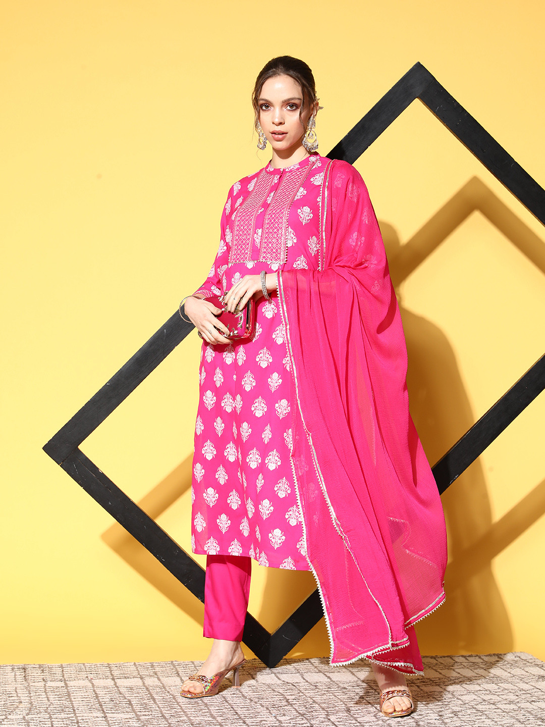 

Ishin Pink & Silver Yoke Design Pure Cotton Kurta with Trousers & Dupatta