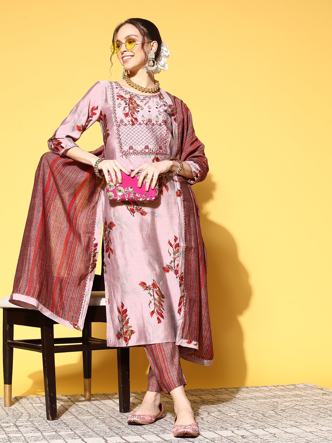 

Ishin Pink & Brown Embroidered Kurta with Trousers & Dupatta