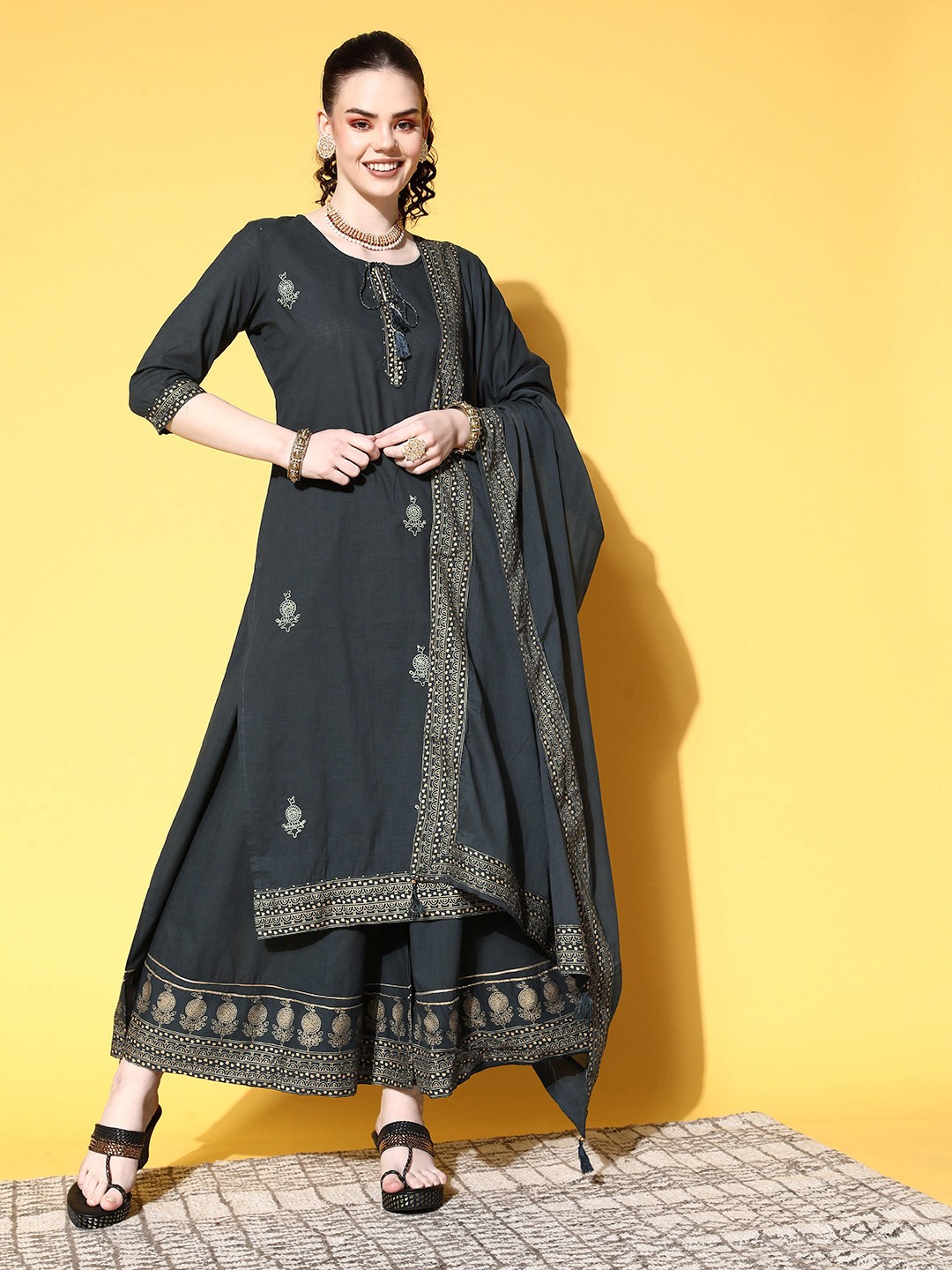 

Ishin Black & Golden Embroidered Pure Cotton Kurta with Sharara & Dupatta