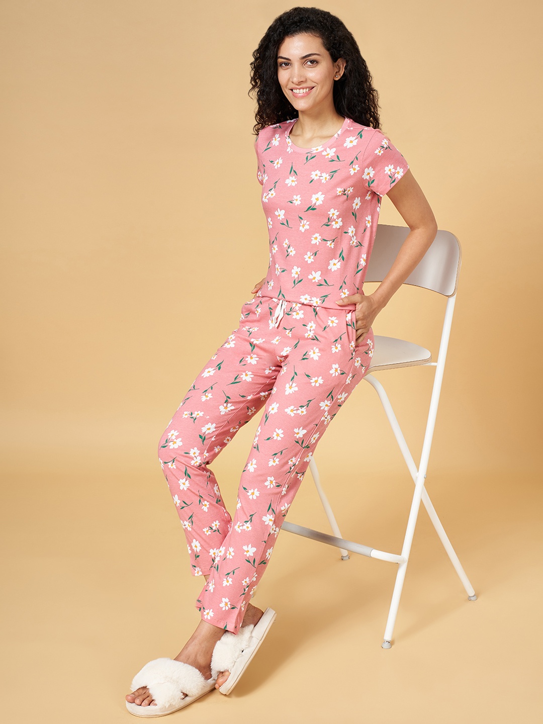 

YU by Pantaloons Women Pink & White Printed Night suit