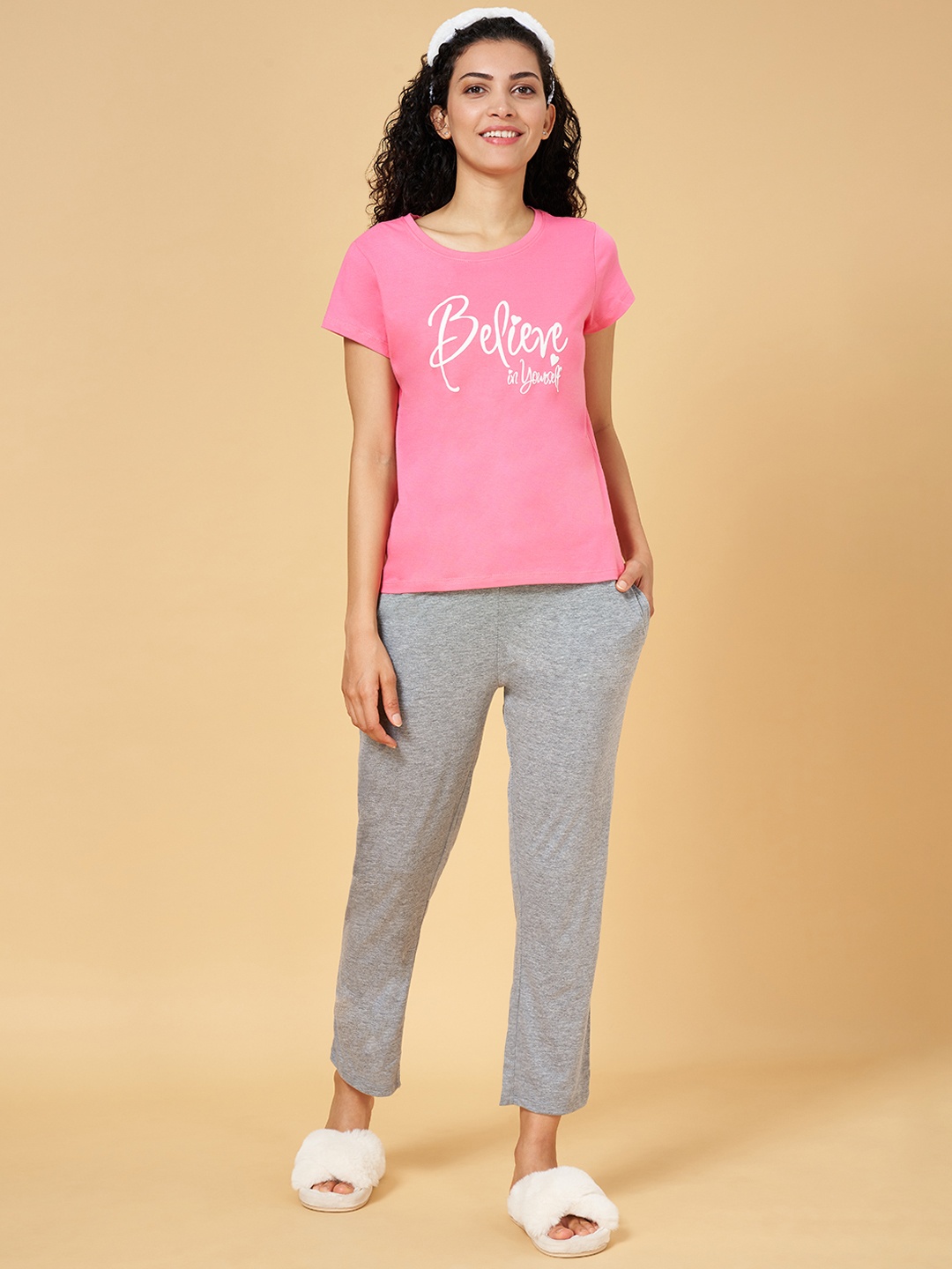 

YU by Pantaloons Women Pink & Grey Printed Night suit