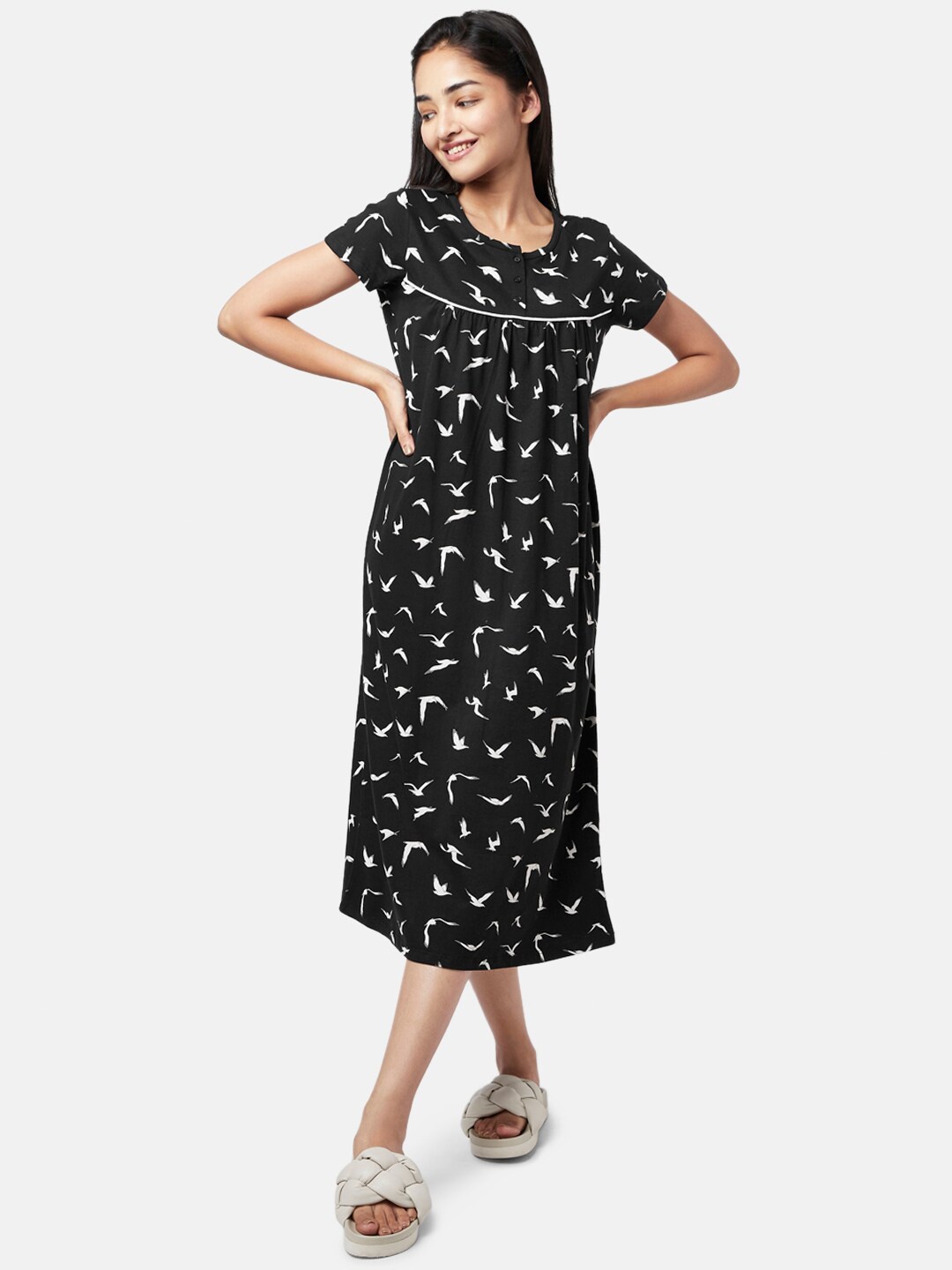 

YU by Pantaloons Women Black Conversational Printed Nightdress