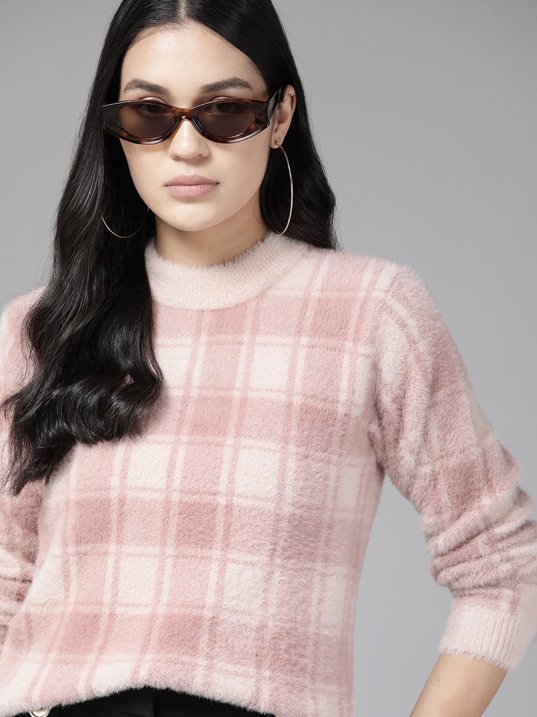 

The Roadster Lifestyle Co. Women Acrylic Checked Pullover With Fuzzy Detail, Pink