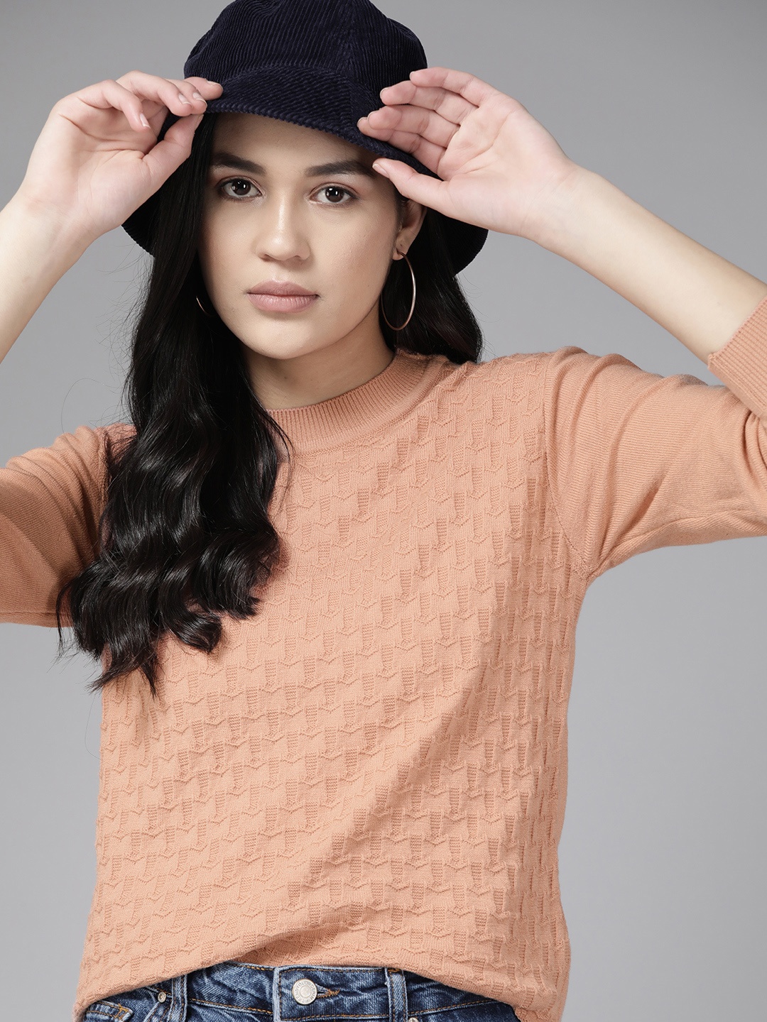 

The Roadster Lifestyle Co. Women Acrylic Self-Design Pullover, Peach