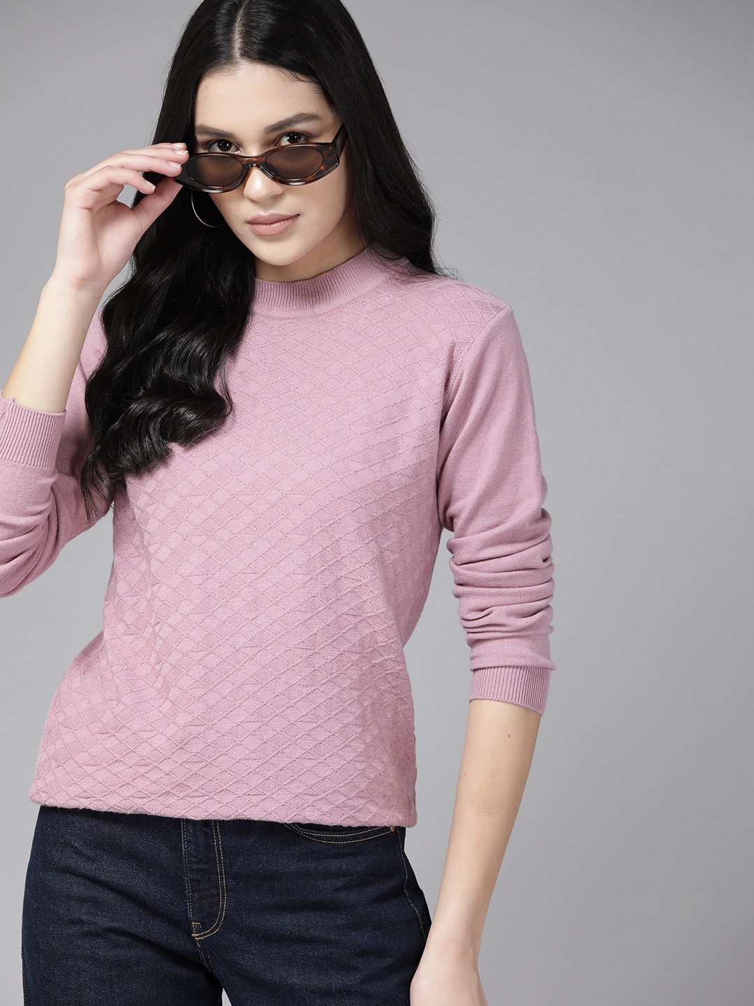 

Roadster Women Acrylic Self Design Pullover, Mauve