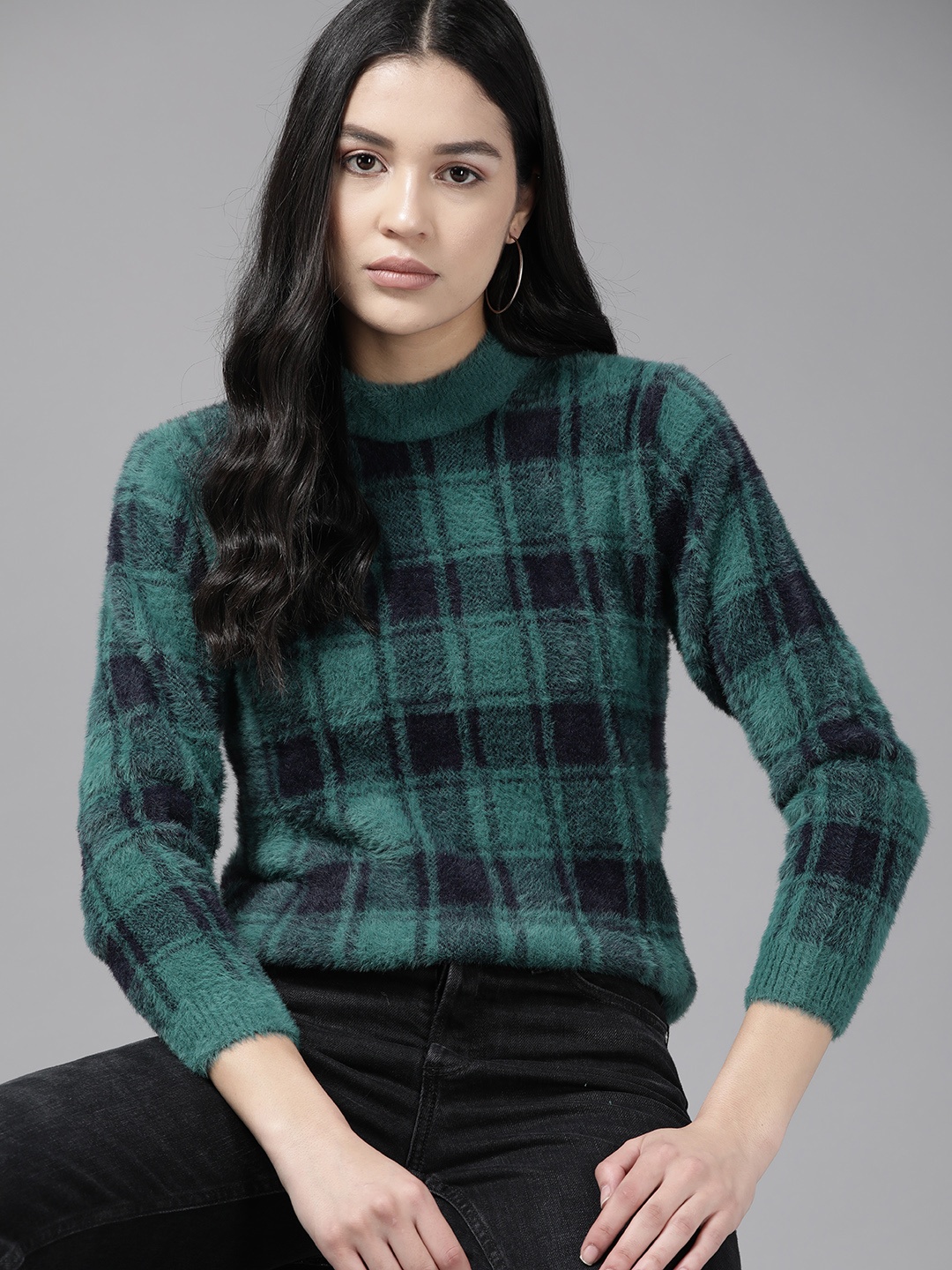 

Roadster Women Acrylic Checked Pullover with Fuzzy Detail, Green