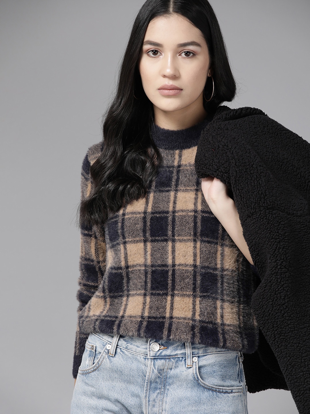 

Roadster Women Acrylic Checked Pullover with Fuzzy Detail, Navy blue