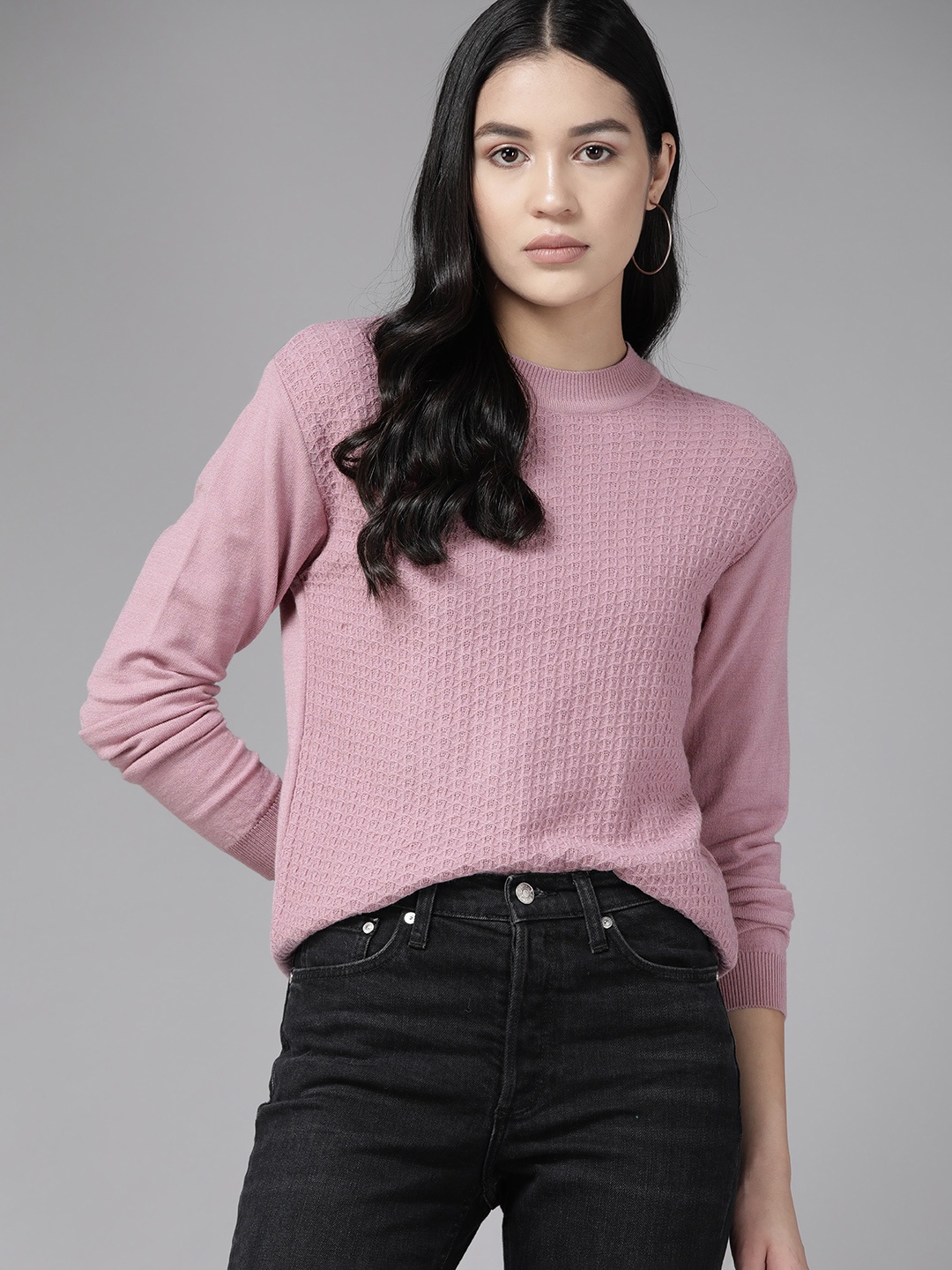 

The Roadster Lifestyle Co. Women Acrylic Self Design Pullover, Mauve