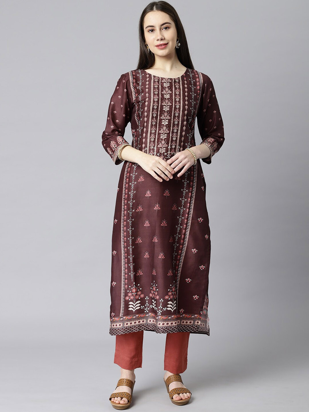 

KAMI KUBI Ethnic Motifs Printed Art Silk Kurta, Maroon