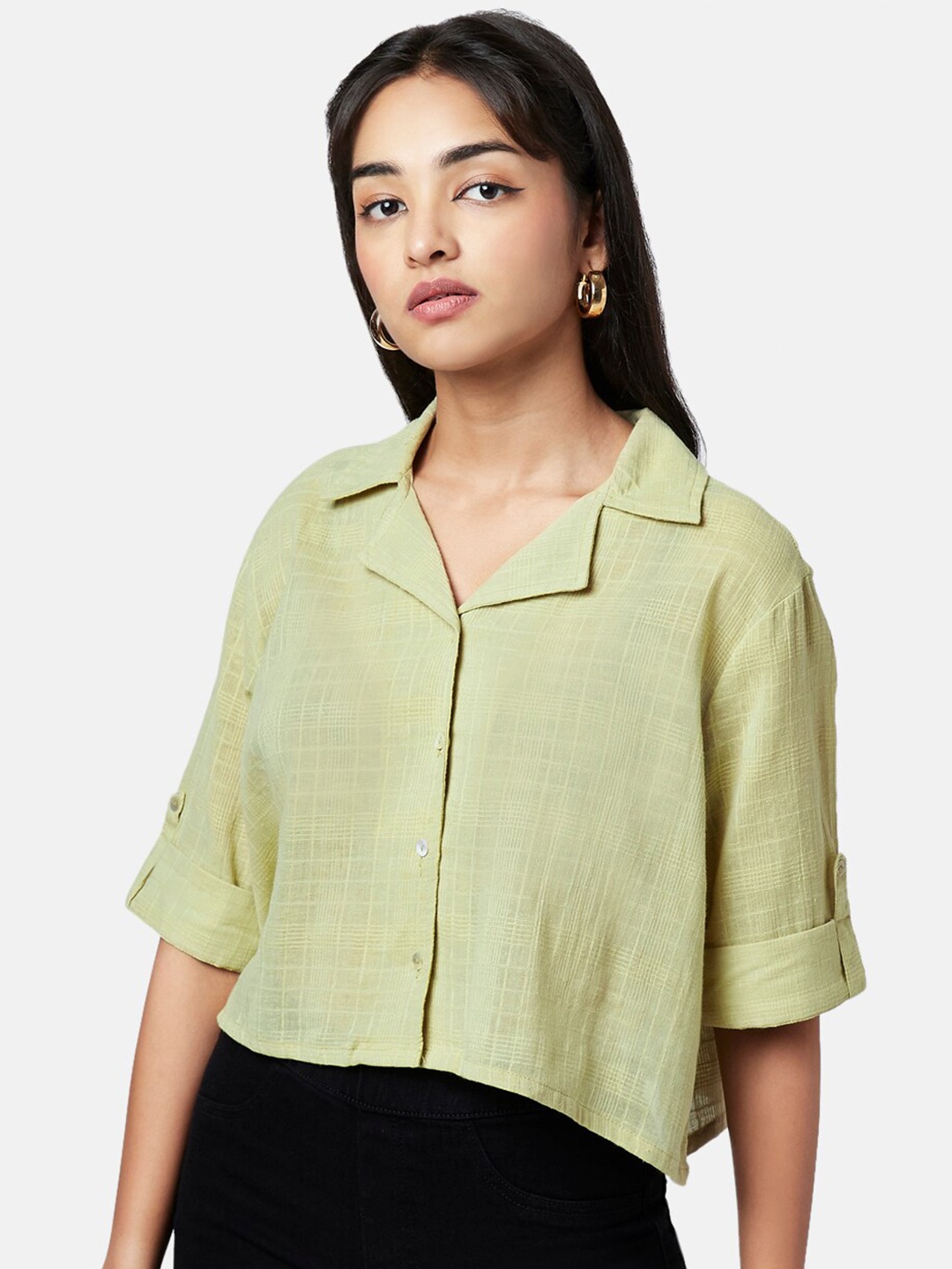 

YU by Pantaloons Women Green Cotton Casual Crop Shirt