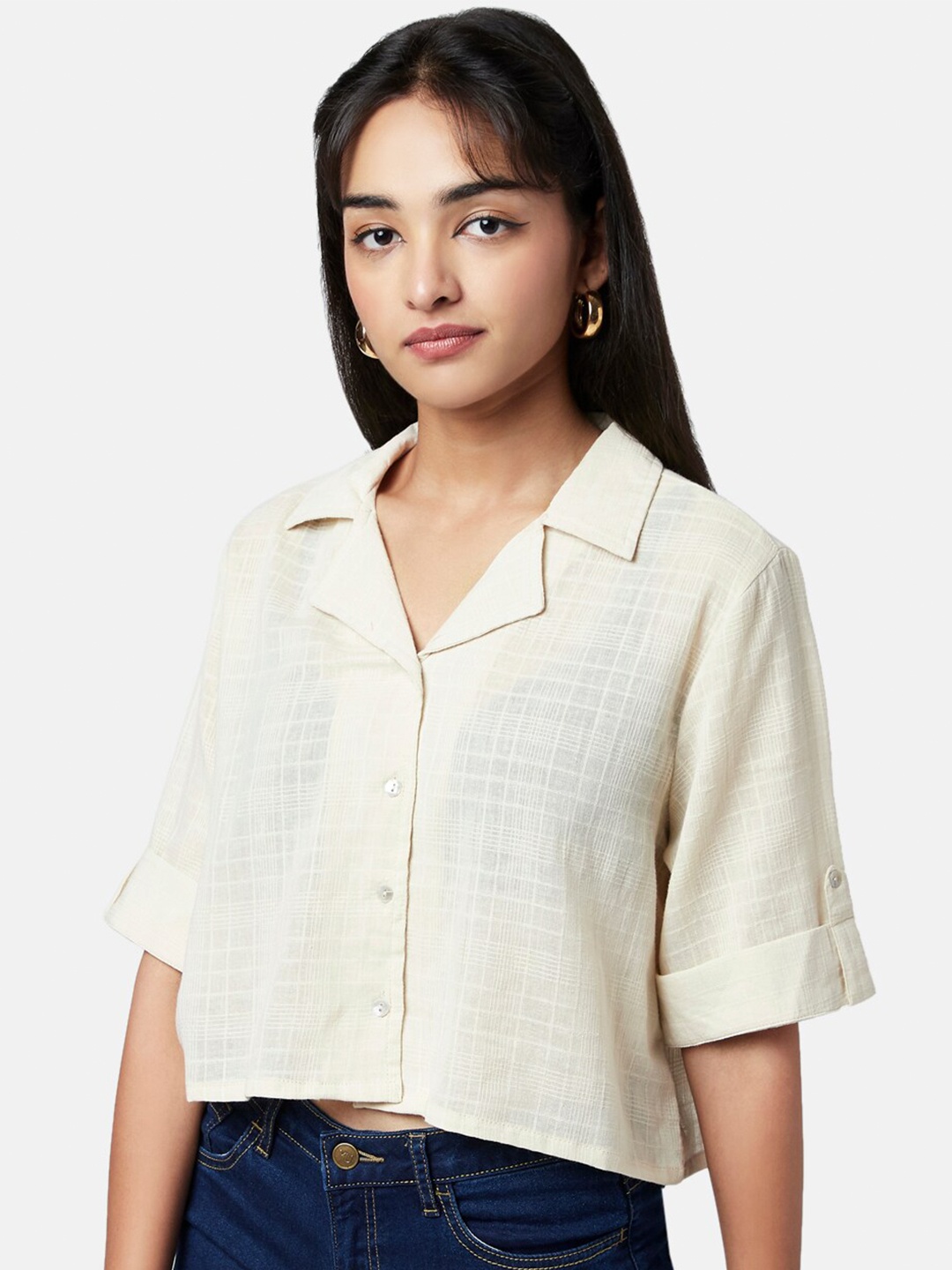 

YU by Pantaloons Women Beige Cotton Casual Crop Shirt