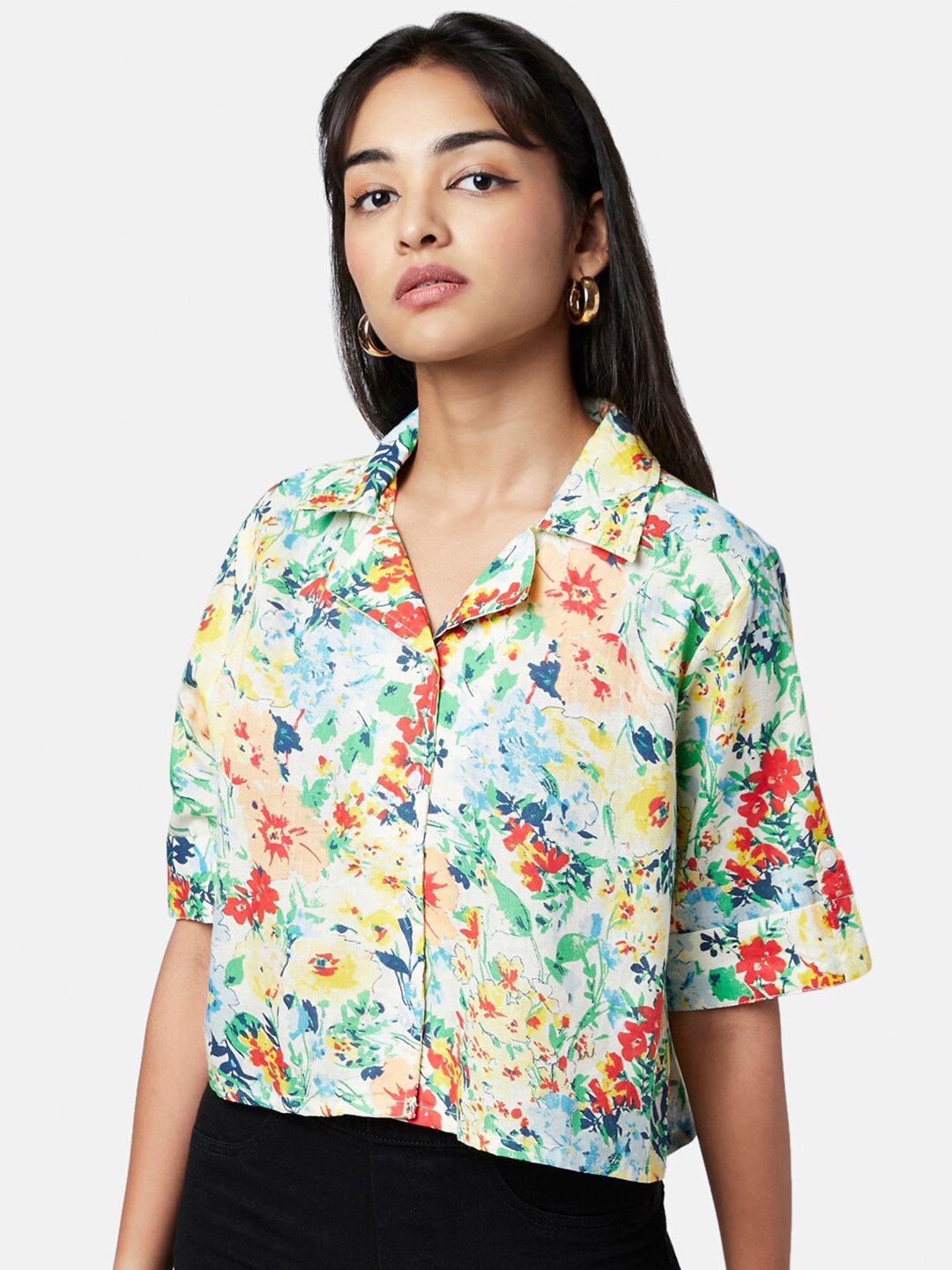 

YU by Pantaloons Women White & Green Floral Printed Cotton Casual Crop Shirt