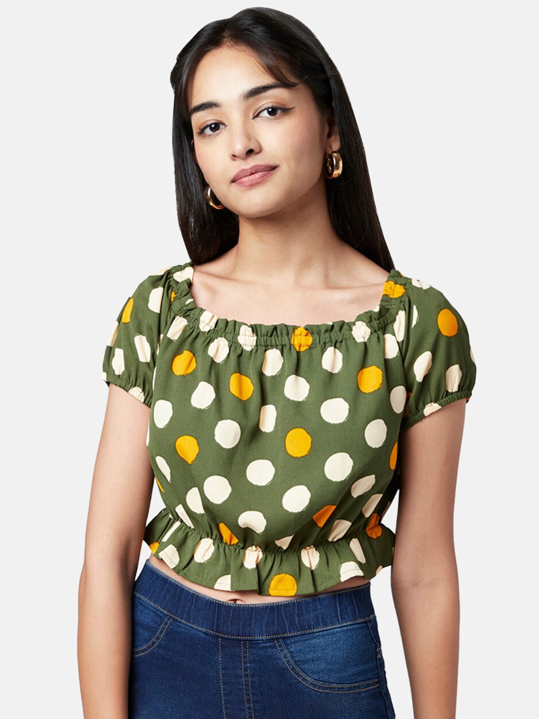 

YU by Pantaloons Green & Off White Polka Dot Printed Blouson Crop Top