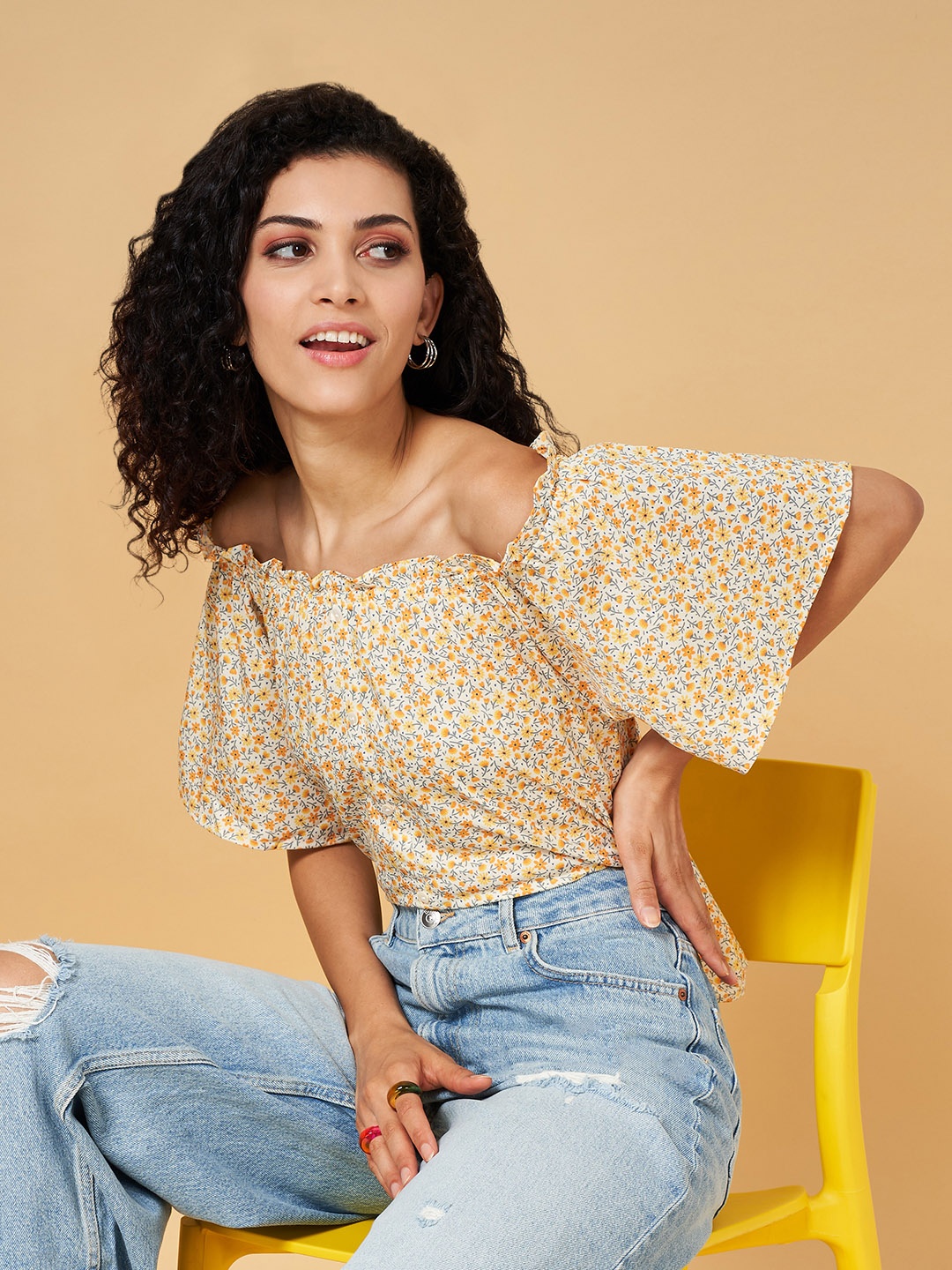

YU by Pantaloons Yellow Floral Print Off-Shoulder Bardot Top