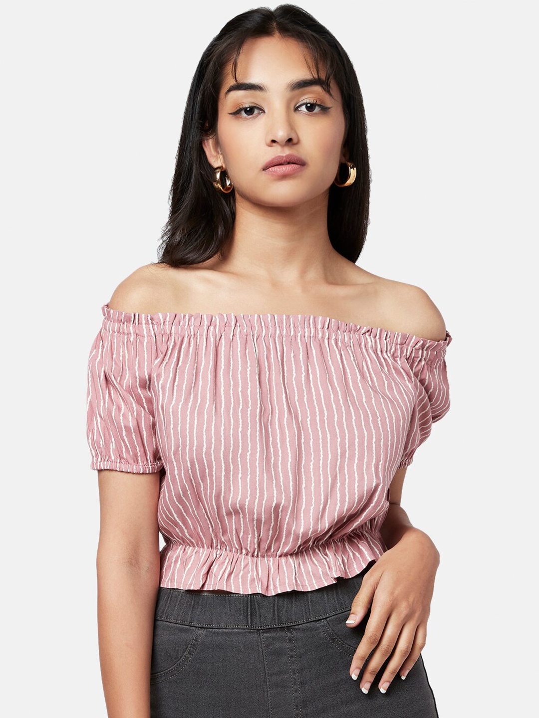 

YU by Pantaloons Peach-Coloured & White Striped Off-Shoulder Bardot Crop Top
