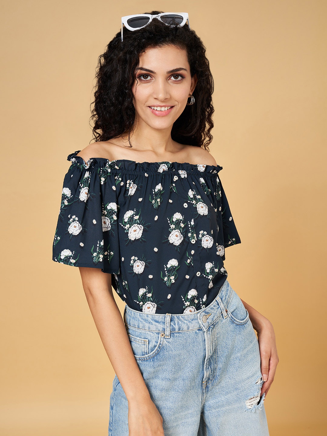 

YU by Pantaloons Black Floral Print Off-Shoulder Bardot Top