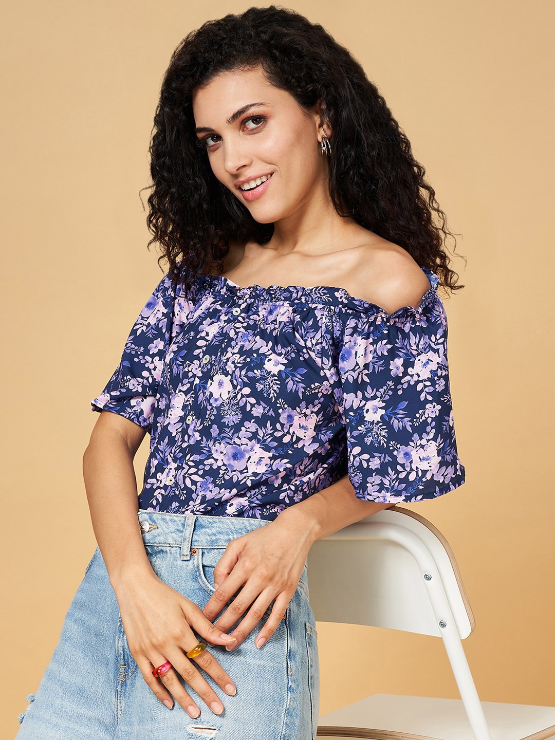 

YU by Pantaloons Navy Blue Floral Print Off-Shoulder Bardot Top