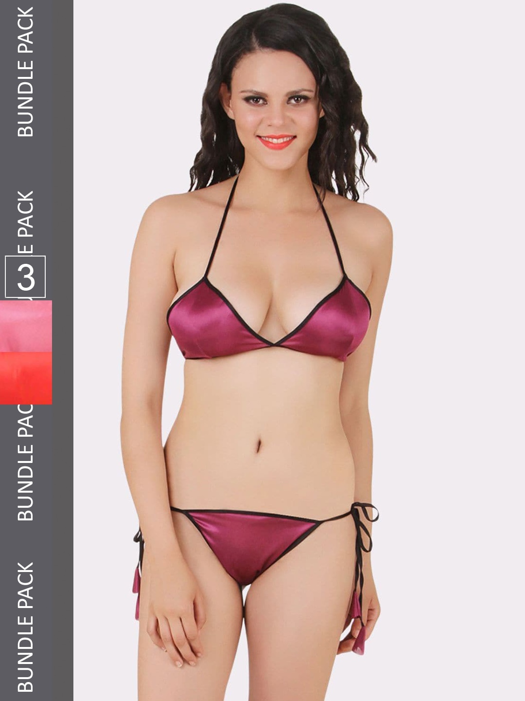 

Fasense Women Maroon & Pink Pack Of 3 Tie-Up Lingerie Set, Coral
