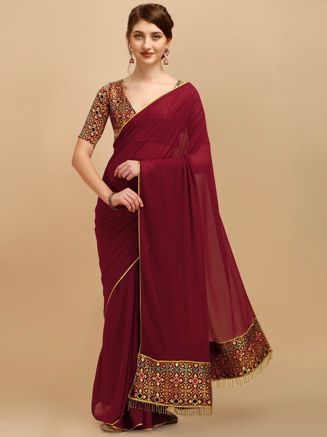

WEAVETECH IMPEX Maroon & Gold-Toned Saree