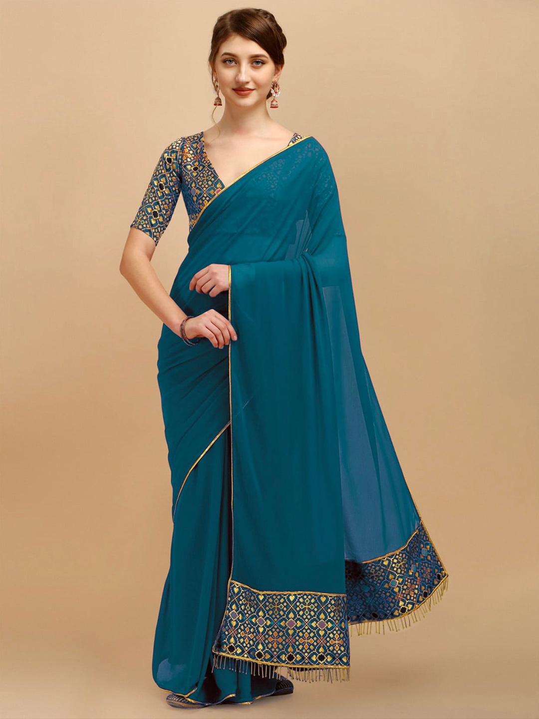 

WEAVETECH IMPEX Blue & Gold-Toned Woven Design Zari Saree