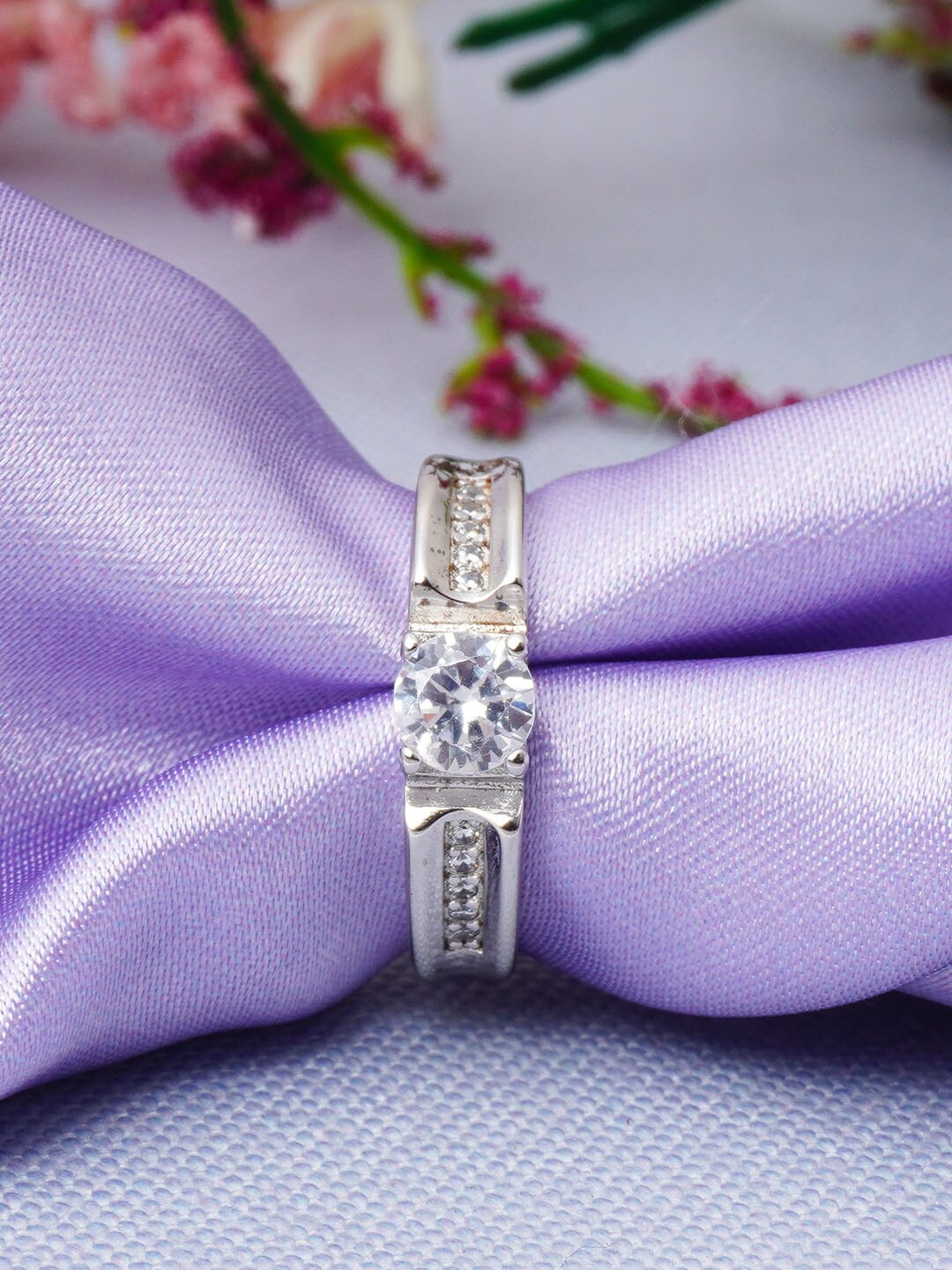 

Ferosh Women Silver-Plated White Crystal Stone-Studded Adjustable Finger Ring