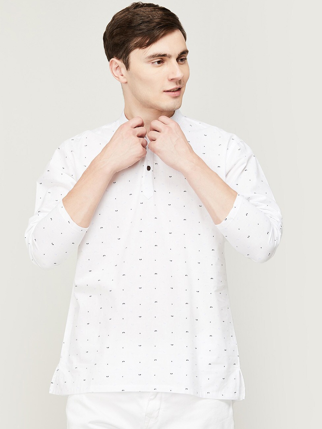 

Melange by Lifestyle Geometric Printed Mandarin Collar Straight Regular Cotton Kurta, White