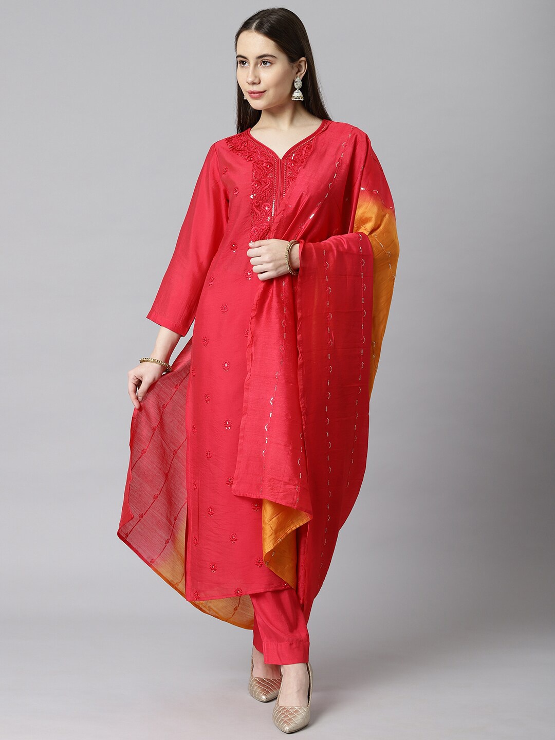 

KAMI KUBI Pink & Yellow Embroidered Unstitched Dress Material