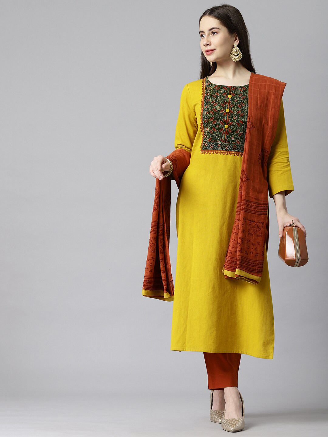 

KAMI KUBI Yellow & Brown Embroidered Unstitched Dress Material