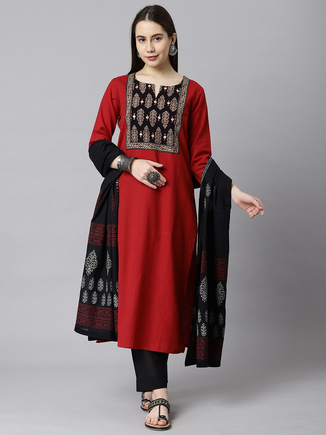 

KAMI KUBI Maroon & Black Embroidered Unstitched Dress Material