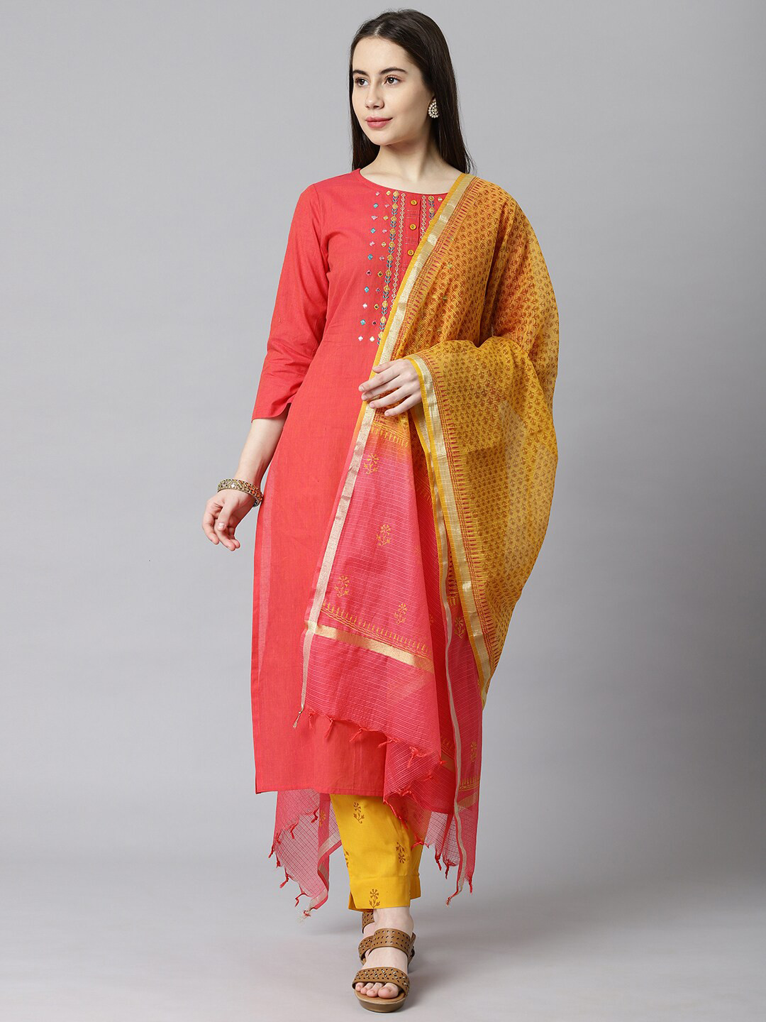 

KAMI KUBI Red & Yellow Embroidered Unstitched Dress Material