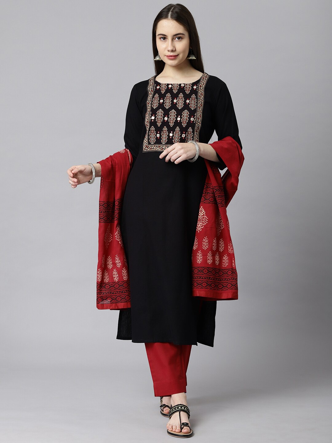 

KAMI KUBI Black & Red Embroidered Unstitched Dress Material