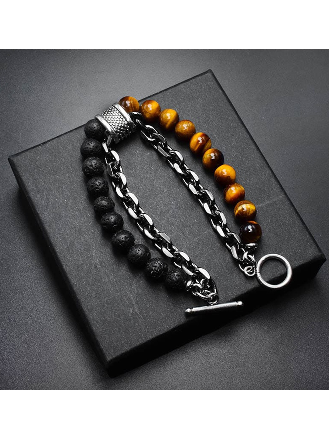 

Fashion Frill Men Silver-Toned & Brown Tigers Eye Silver-Plated Charm Bracelet