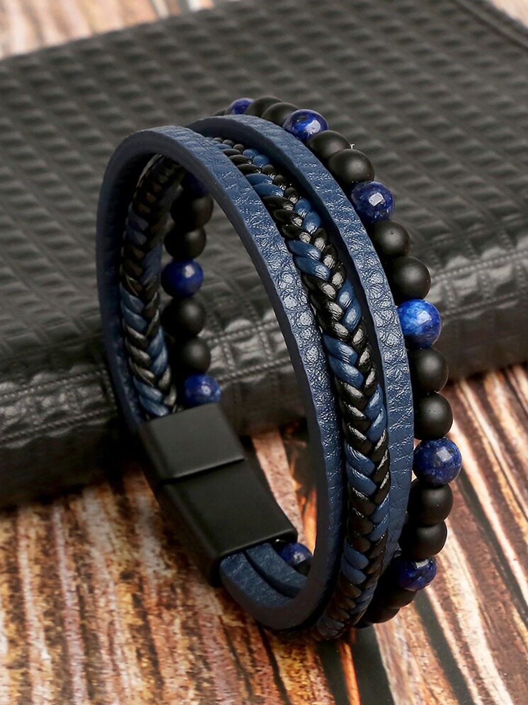 

Fashion Frill Men Blue & Black Leather Wraparound Bracelet