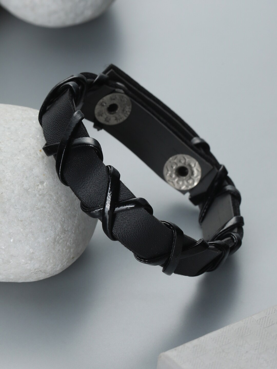 

Priyaasi Men Black Leather Wraparound Bracelet