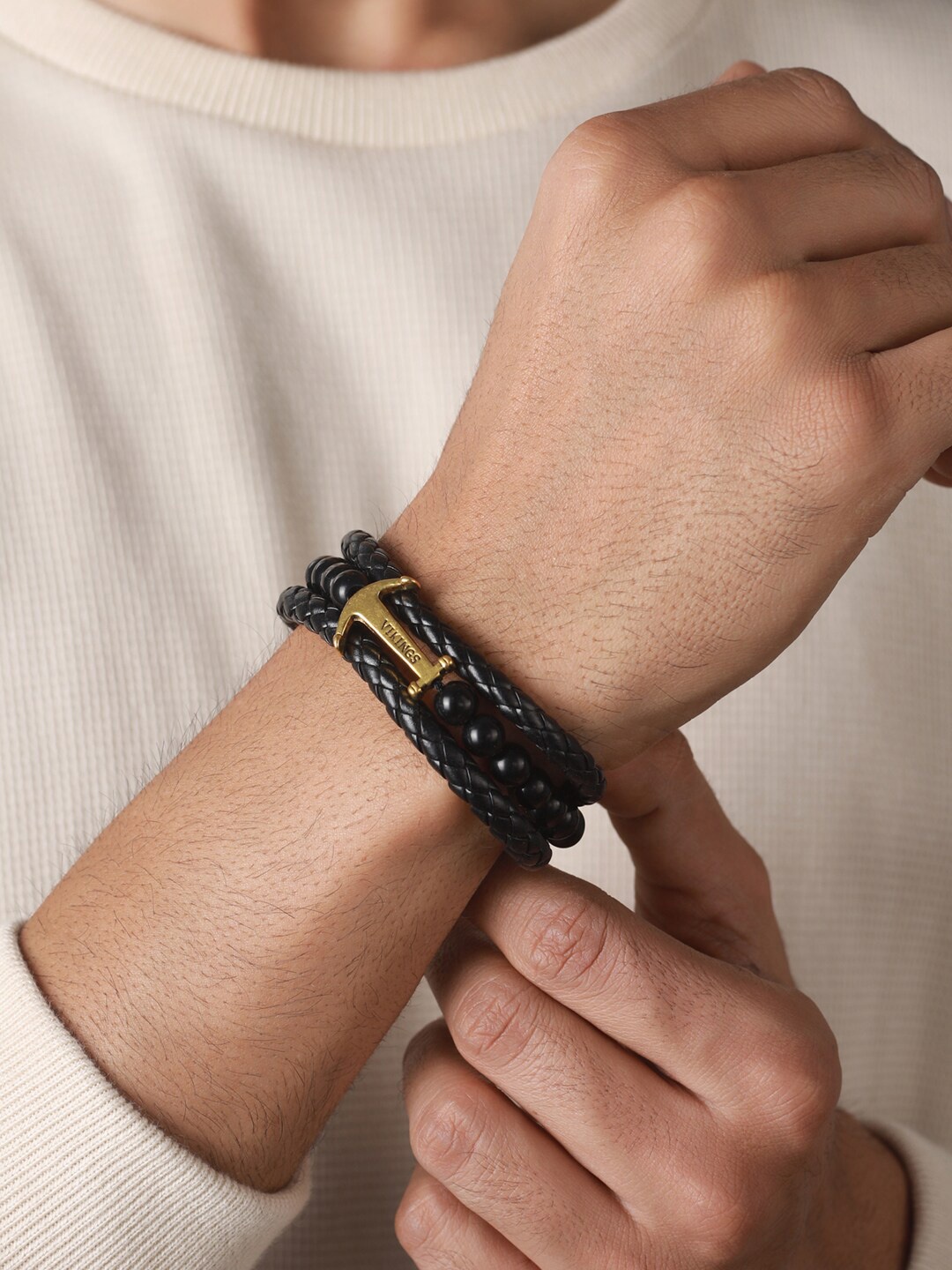 

Priyaasi Men Black & Gold-Toned Leather Gold-Plated Wraparound Bracelet