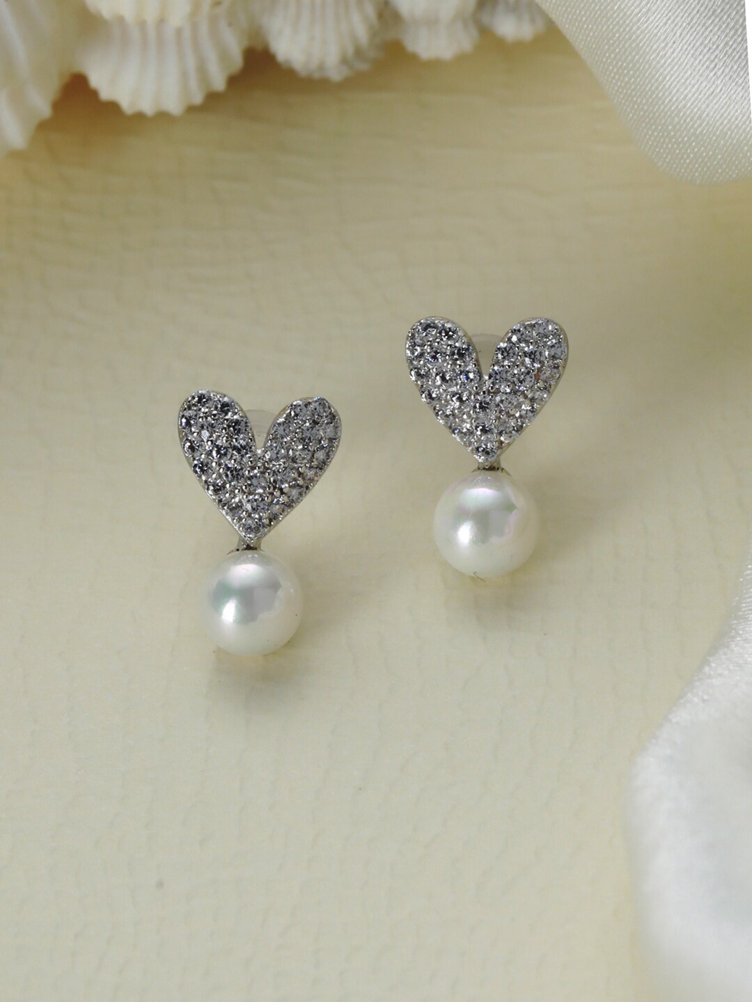 

Priyaasi 925 Sterling Silver Plated Heart Shaped AD Studded Drop Earrings