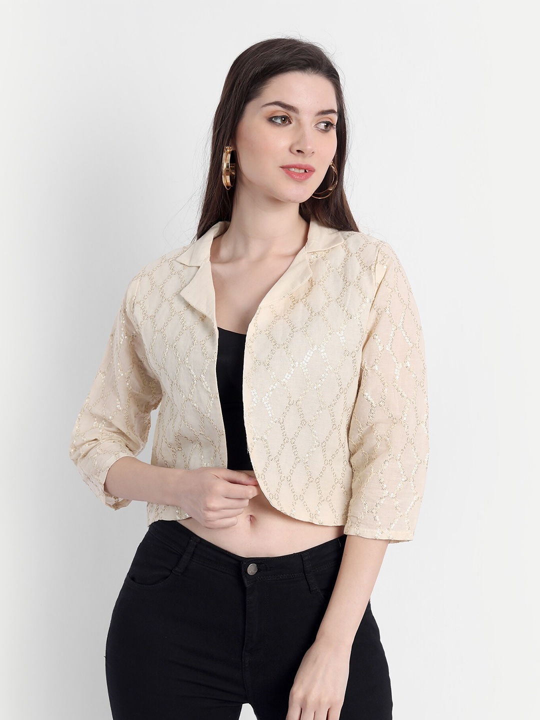 

Gopalvilla Women Beige & Gold-Toned Cotton Crop Shrug