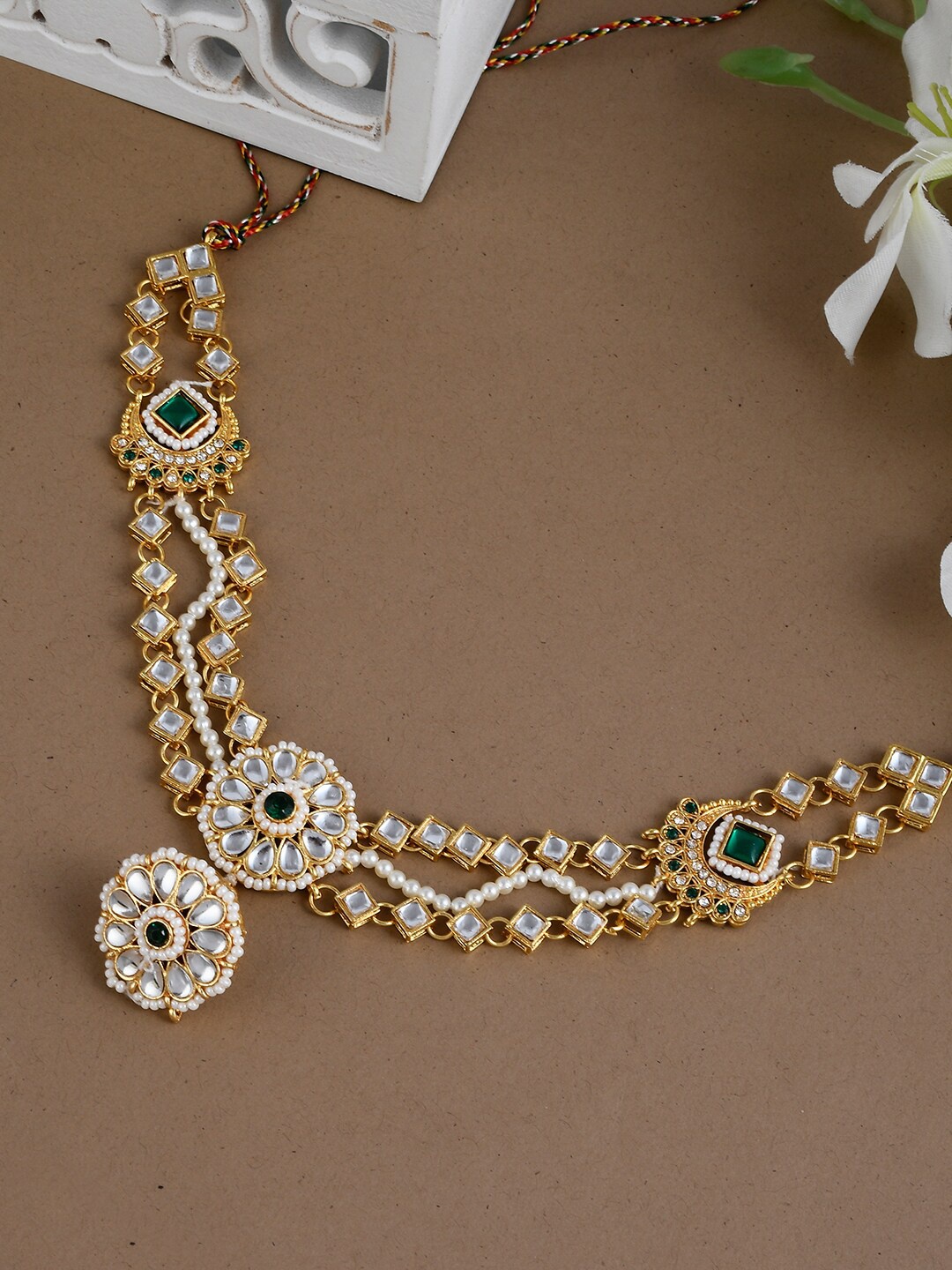 

Silvermerc Designs Gold-Plated White & Green Pearl Beaded Meenakari Mathapatti