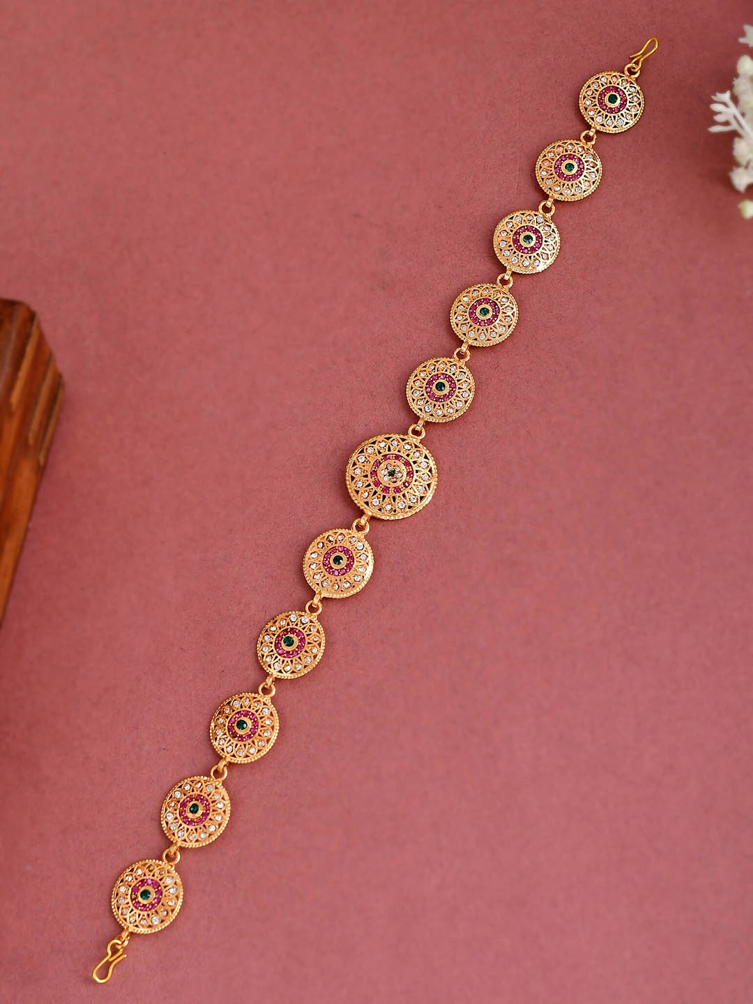 

Silvermerc Designs Gold-Plated White & Red Stone-Studded Temple Headchain