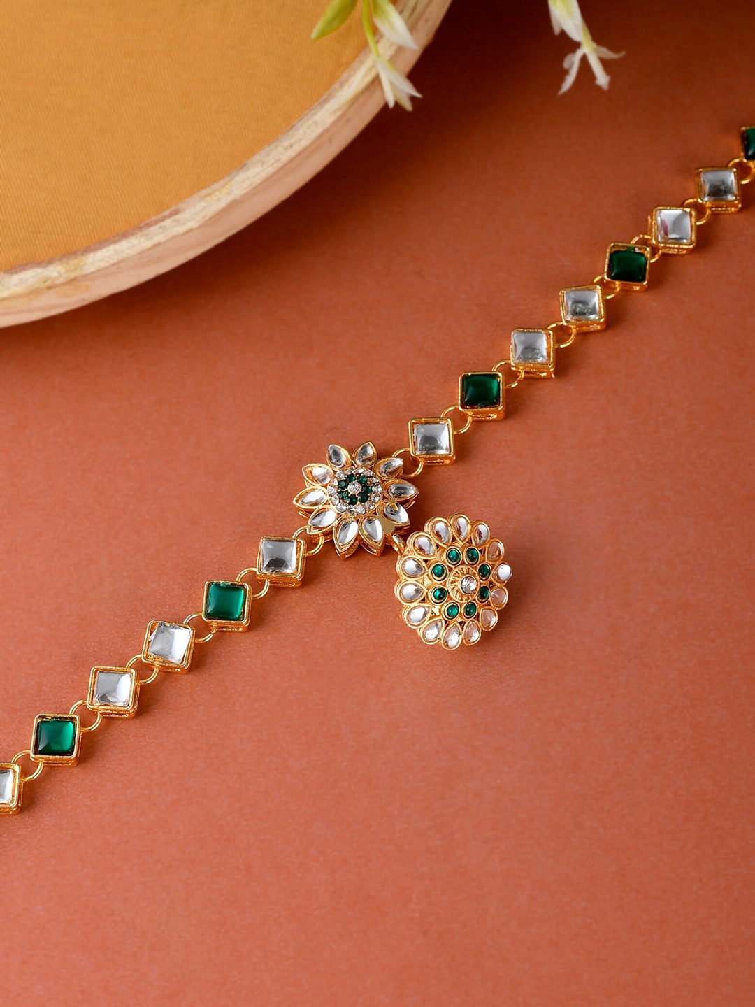 

Silvermerc Designs Gold-plated Green & White Kundan Studded Headchain
